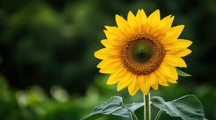 Fototapeta premium A Single Sunflower Blooms Against A Dark Green Background