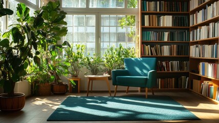 Cozy living room with inviting bookshelves and comfortable chairs, perfect for relaxation and reading.