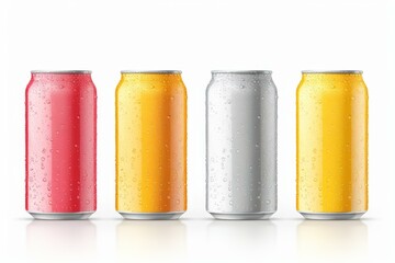 Four colorful aluminum cans with condensation droplets, showcasing a refreshing beverage against a white background
