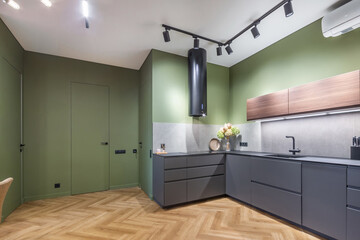 Elegant indoor kitchen design with stylish decor. Light green walls, blue kitchen set. .Vase with flowers on the countertop.