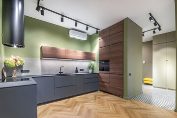 Amazing kitchen design in the interior of a modern studio apartment. Unusual color scheme. Stylish kitchen set.