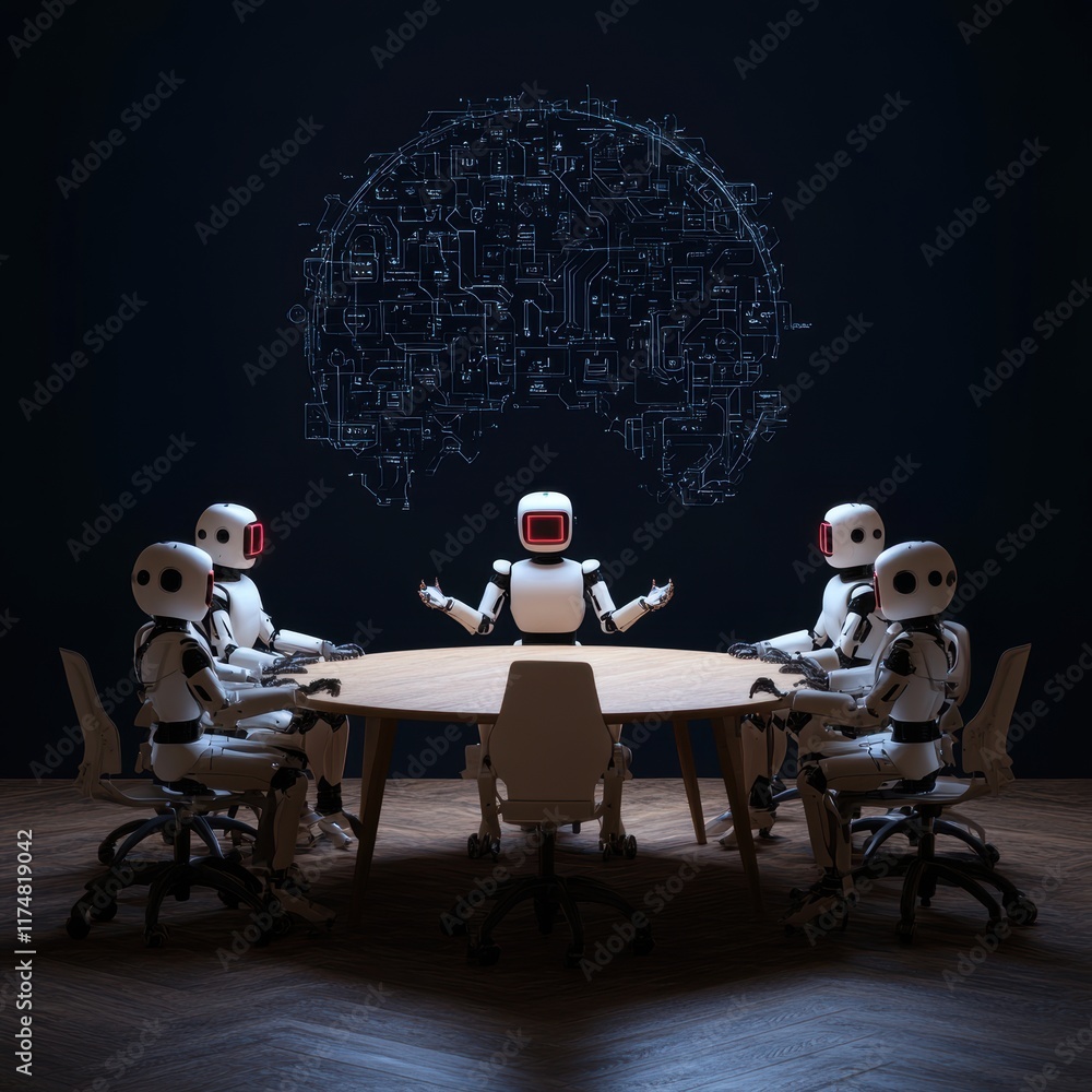 Poster a group of humanoid robots sits around a table, engaged in discussion, with a digital brain-like str