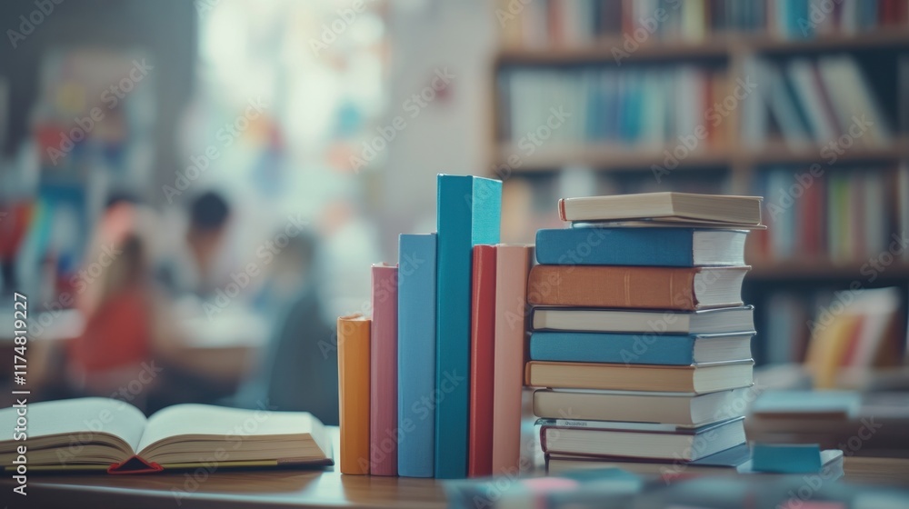 Poster stack of books in a blurred library setting