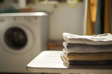 Organized and Bright Domestic Laundry Setting With Folded Clothes and Washing Machine