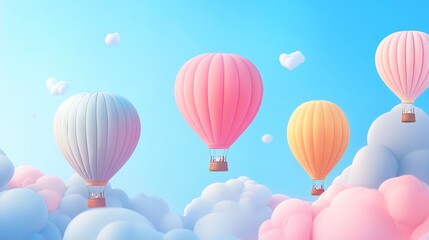 Naklejka premium Pastel Hot Air Balloons Floating Above Fluffy Clouds