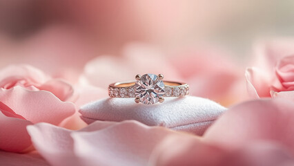 Obraz premium Engagement ring on romantic pink rose background with copy space