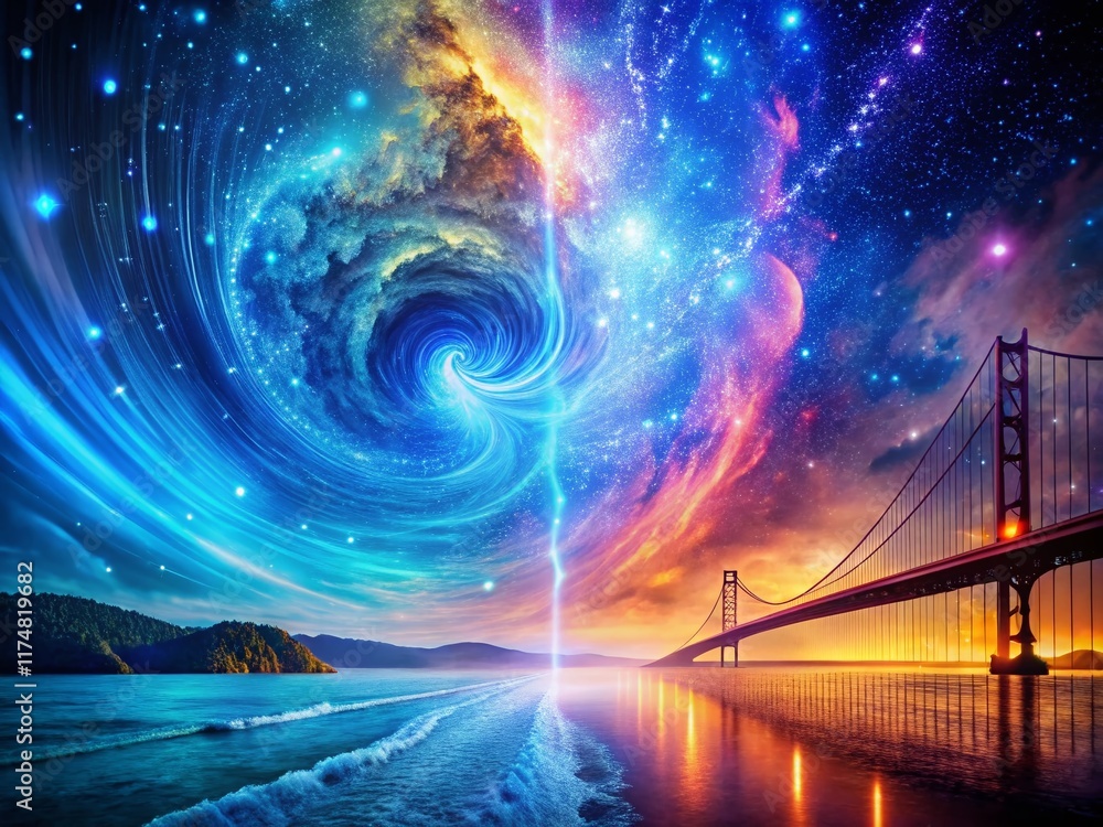 Poster dreamlike binary code landscape: long exposure split screen stock photo
