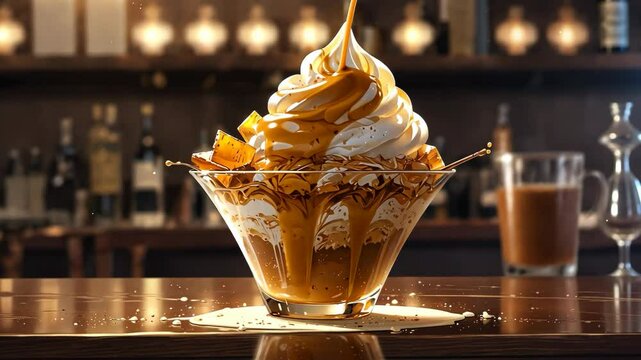 Video footage of decadent dessert with swirls of caramel and whipped cream in a glass bowl, set on a wooden bar counter with a blurred background of bottles and lights