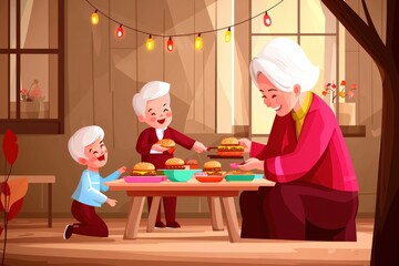 Family Gathering Home Kitchen Illustrated Scene Warm Atmosphere Outdoor View Culture and Relation Celebration