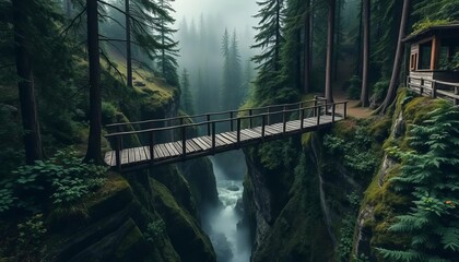 Fototapeta premium Wooden Bridge Over Gorge in Misty Forest