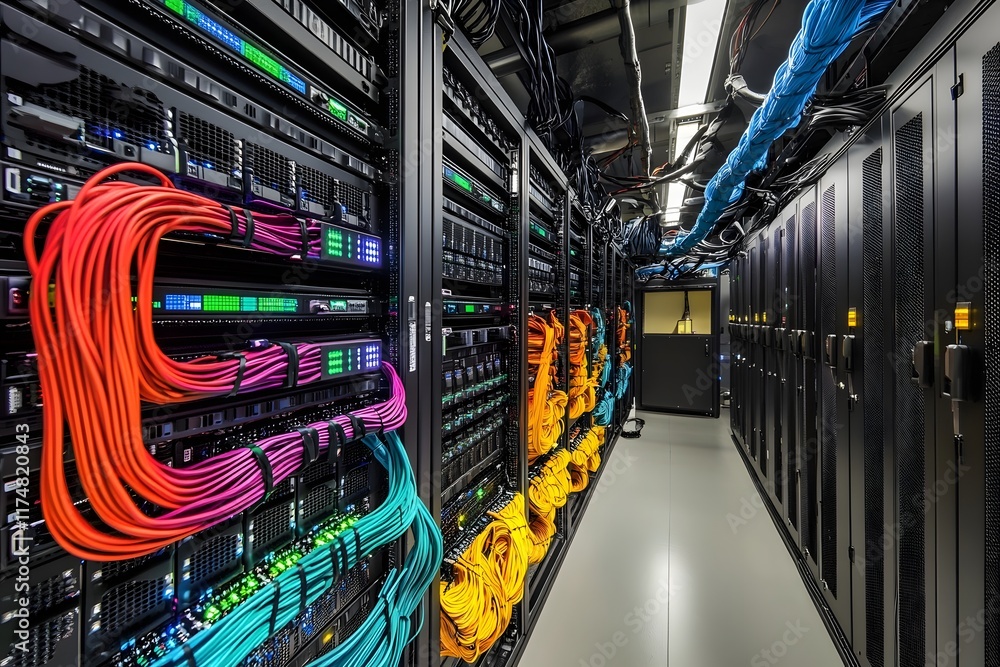 Poster sleek and futuristic server room interior with neatly aligned racks and vivid cables creating a