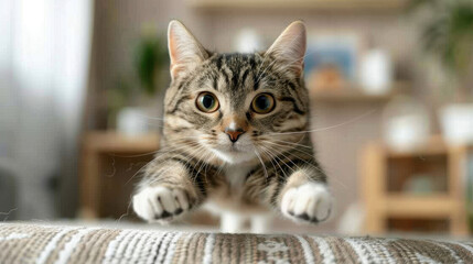 A playful tabby kitten captured mid-jump on a patterned surface in a bright, cozy indoor setting, showcasing its energetic and curious nature.

