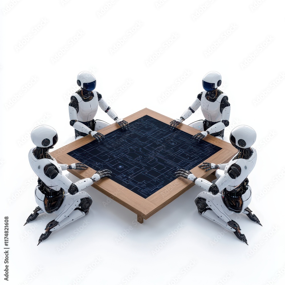 Poster four robots collaboratively engaging around a futuristic game table, showcasing advanced technology 