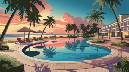 Fototapeta premium Highly detailed illustration of a luxury tropical beach resort with an infinity pool, palm trees, and sunset.