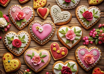 Fototapeta premium Drone View: Valentine's Day Cookies, Intricate Designs, Cozy Surface
