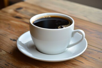 White cup full of steaming black coffee sits on a rustic wooden table