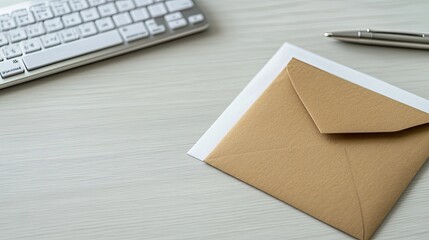 Brown Envelope Keyboard Pen White Desk Surface