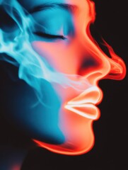 Obraz premium Neon portrait of woman in red blue light