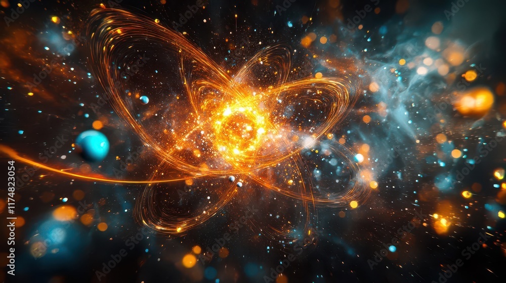 Poster abstract representation of an atom with swirling energy and particles.