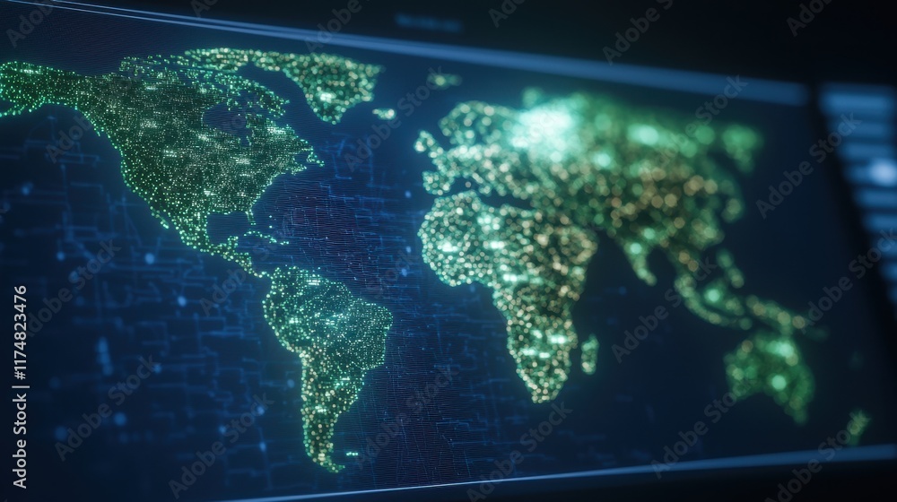 Poster a digital map of the world illuminated with green lights, showcasing cities and geographical feature