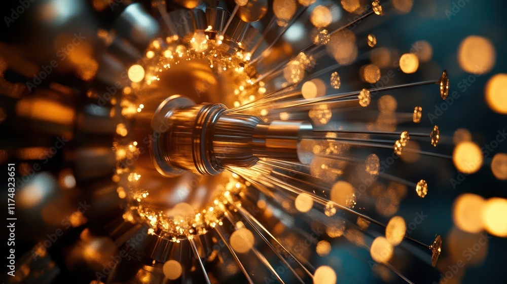 Poster abstract golden light rays radiating from a central point, creating a dynamic and futuristic aesthet