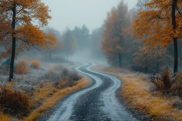 Naklejka premium Winding road through an autumn forest shrouded in morning fog in a tranquil countryside setting