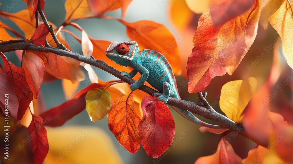 Poster a vibrant chameleon perched on a branch with colorful autumn leaves, showcasing its unique patterns.