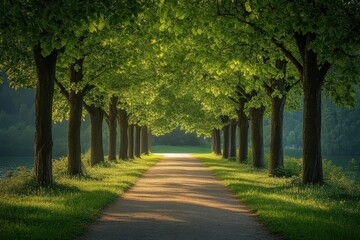 Naklejka premium Lush tree-lined pathway beside a serene lake during golden hour light in a tranquil setting