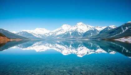 Fototapeta premium Majestic snow capped mountains reflected in a pristine lake