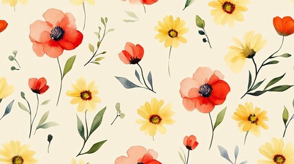 Fototapeta premium Watercolor Floral Pattern Featuring Poppies and Daisies