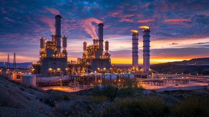Industrial Power Plant at Sunset with Smokestacks and Colorful Sky