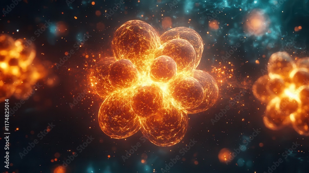 Poster abstract 3d rendering of a glowing orange atom with sparks and blue and orange particles in the back