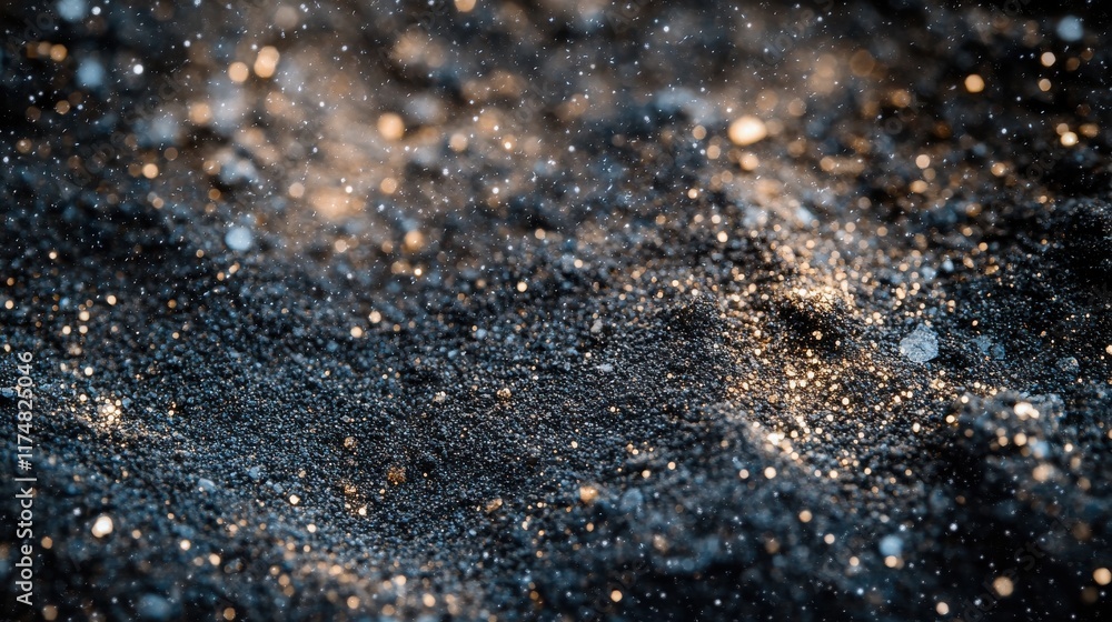 Poster close-up of dark, textured sand sparkling with shimmering particles, creating a mesmerizing visual e