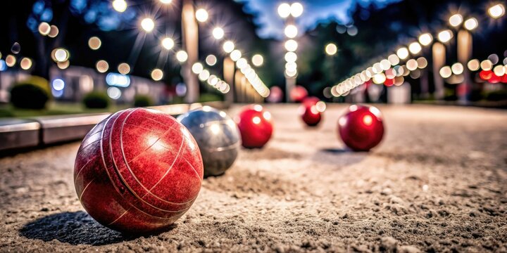 Low light paints the bocce ball game in twilight hues, capturing the night's outdoor drama.