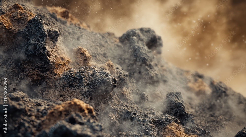 Poster close-up of textured rocky surface with fine dust particles floating in the air, creating a dramatic