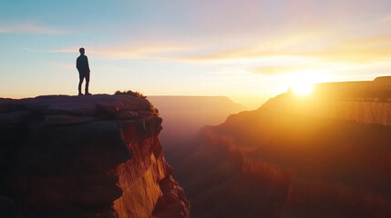Fototapeta premium A man stands on a cliff overlooking a canyon