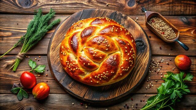 Low-lit, top-down shot of traditional Uzbek bread, showcasing its texture on a warm wooden surface.