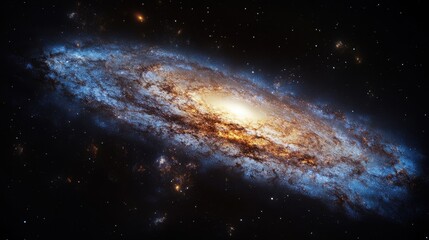 Fototapeta premium A stunning view of a spiral galaxy with vibrant blue and golden hues, showcasing the beauty of outer space.