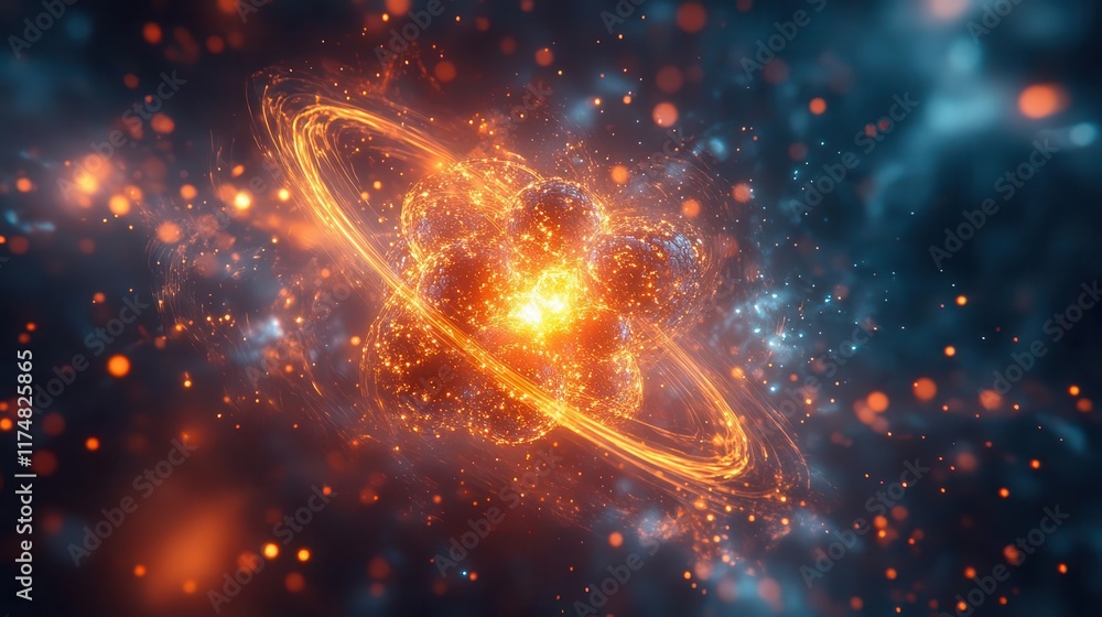Poster abstract glowing atomic structure in space, representing energy and power.
