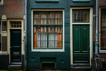 The green facade of a typical dutch house, with large windows and a green door, on a quiet street