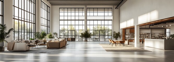 A vast commercial space with high ceilings, large windows, and white walls, offering plenty of room for product displays and text space