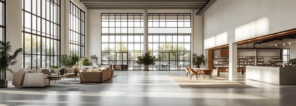 A vast commercial space with high ceilings, large windows, and white walls, offering plenty of room for product displays and text space