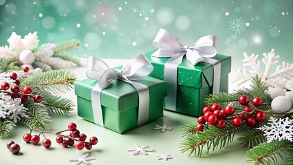 Elegant Christmas Gift Boxes with Berries, Evergreen & Snowflakes - Festive Holiday Background