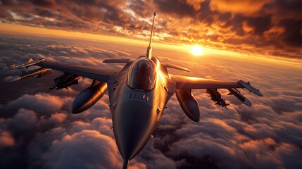 Fototapeta premium An exhilarating shot of a fighter jet cutting through the clouds, with a vibrant sunset backdrop, emphasizing the power, grace, and majesty of military aviation in motion.