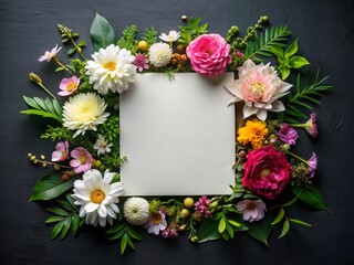 Elegant Flat Lay: Blank White Paper Framed by Blooming Flowers on Black