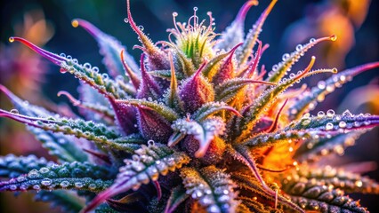 Microscopic cannabis buds: a close-up reveals trichome resin glands, capturing high-resolution detail of cannabinoids.