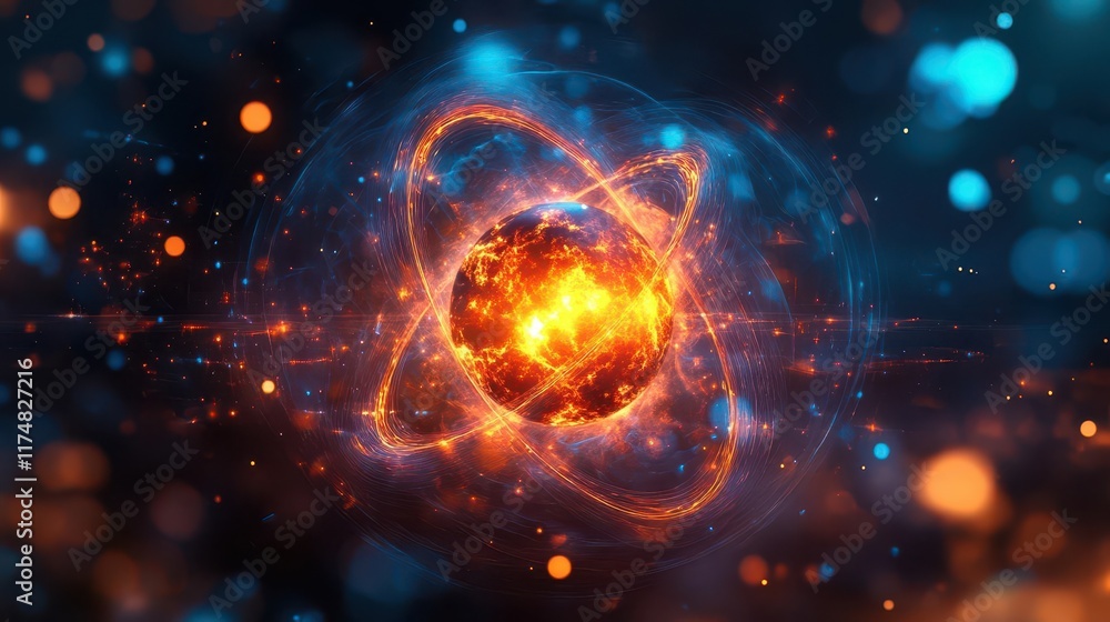 Poster abstract glowing orb with swirling energy, representing the concept of atomic structure, physics, or