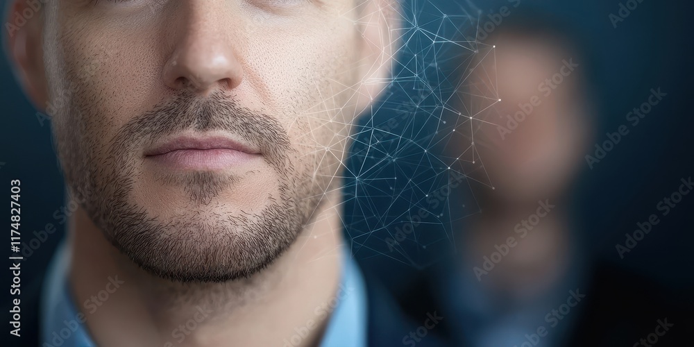 Poster a close-up of a man's face with a blurred figure in the background, featuring a delicate web-like pa
