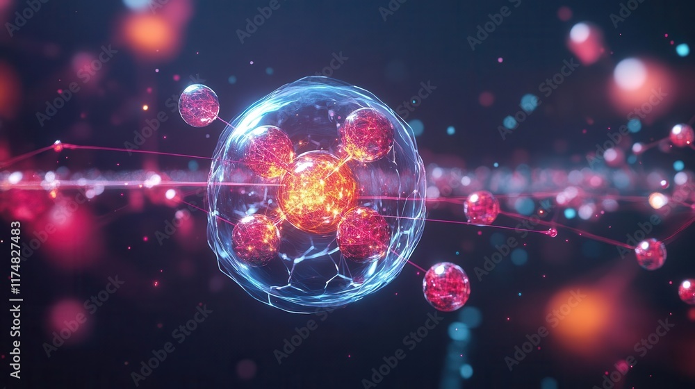 Poster abstract 3d illustration of an atom with glowing particles and lines.