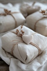 Obraz premium Photo of eco-friendly presents with white heart featuring soft linen wrapping, twine bows, and delicate dried flower bouquets, perfect for a rustic or boho aesthetic